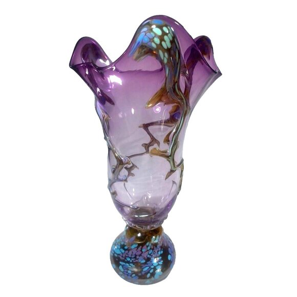 Murano Other - Unique 13 X 7.5  Purple Art Deco Murano Vines Confetti Centerpiece Vase Vintage